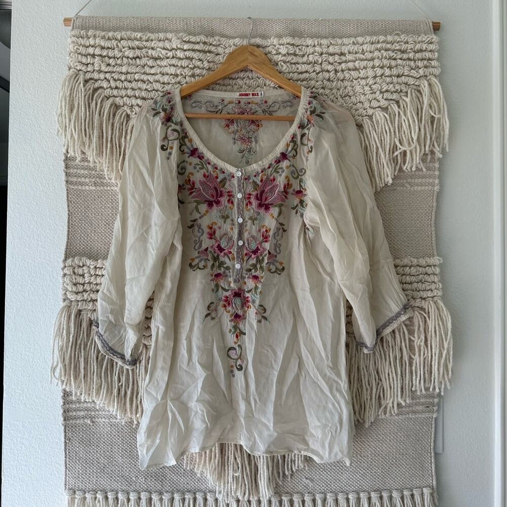 Johnny Was Moon Blouse with Pink and Green Embroidery